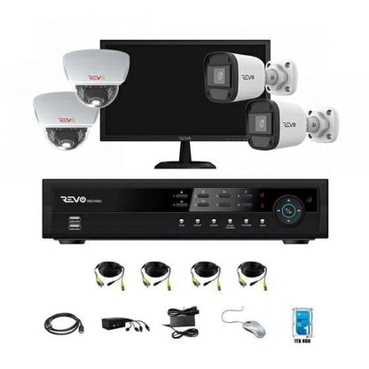 REVO 4CH 1TB DVR, 22" Monitor, 1080p Indoor/Outdoor IR 2 Bullet Cameras, 2 Mini Vandal Dome Cameras Security System