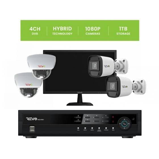 REVO 4CH 1TB DVR, 22" Monitor, 1080p Indoor/Outdoor IR 2 Bullet Cameras, 2 Mini Vandal Dome Cameras Security System
