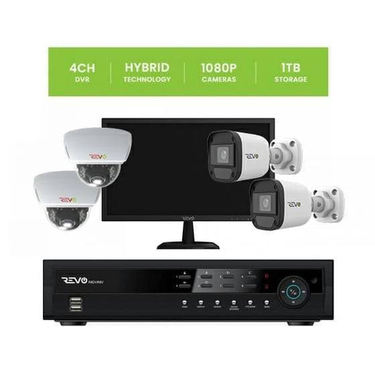 REVO 4CH 1TB DVR, 22" Monitor, 1080p Indoor/Outdoor IR 2 Bullet Cameras, 2 Mini Vandal Dome Cameras Security System