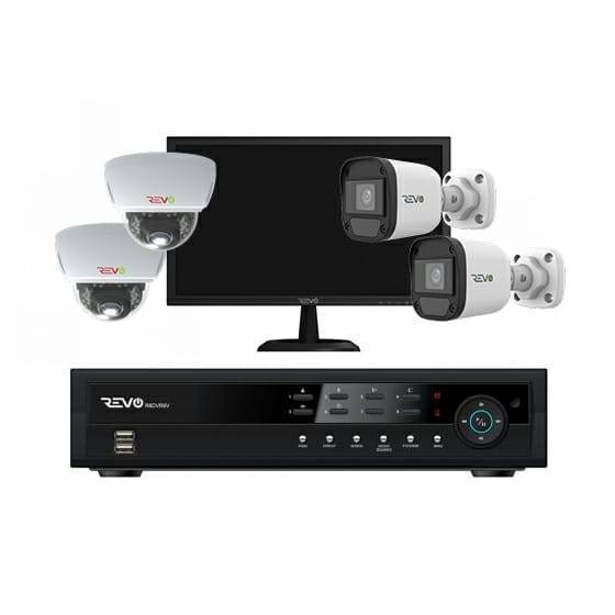 REVO 4CH 1TB DVR, 22" Monitor, 1080p Indoor/Outdoor IR 2 Bullet Cameras, 2 Mini Vandal Dome Cameras Security System