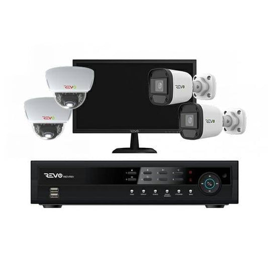 REVO 4CH 1TB DVR, 22" Monitor, 1080p Indoor/Outdoor IR 2 Bullet Cameras, 2 Mini Vandal Dome Cameras Security System
