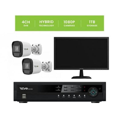 REVO 4CH 1TB DVR, 22" Monitor, 1080p Indoor/Outdoor IR 2 Bullet Cameras Security System