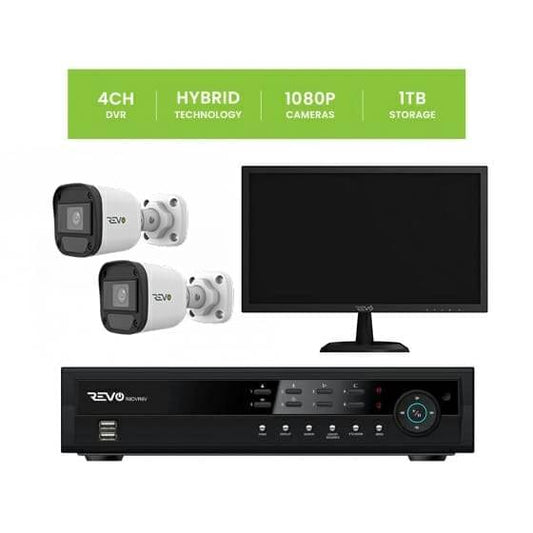 REVO 4CH 1TB DVR, 22" Monitor, 1080p Indoor/Outdoor IR 2 Bullet Cameras Security System