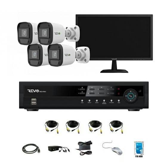 REVO 4CH 1TB DVR, 22" Monitor, 1080p Indoor/Outdoor IR 4 Bullet Cameras Security System