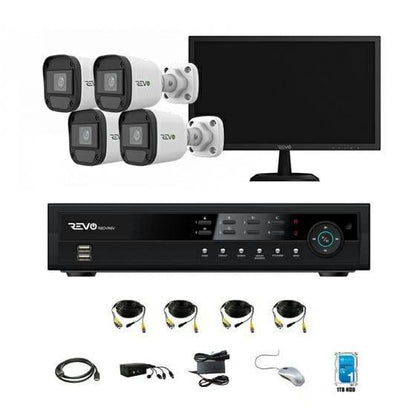 REVO 4CH 1TB DVR, 22" Monitor, 1080p Indoor/Outdoor IR 4 Bullet Cameras Security System