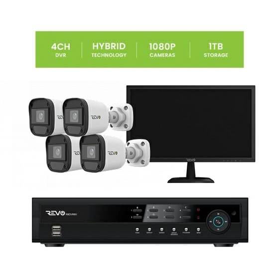 REVO 4CH 1TB DVR, 22" Monitor, 1080p Indoor/Outdoor IR 4 Bullet Cameras Security System