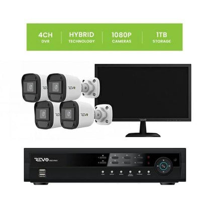 REVO 4CH 1TB DVR, 22" Monitor, 1080p Indoor/Outdoor IR 4 Bullet Cameras Security System