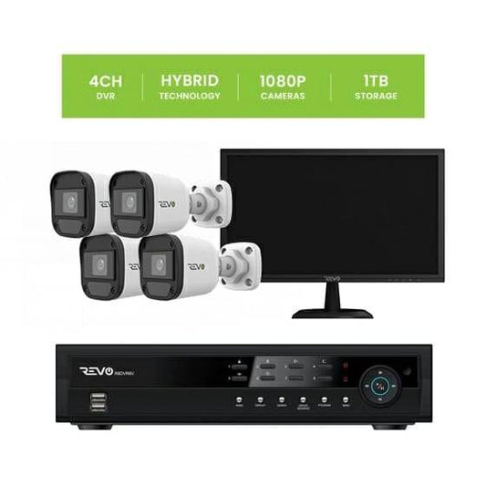 REVO 4CH 1TB DVR, 22" Monitor, 1080p Indoor/Outdoor IR 4 Bullet Cameras Security System