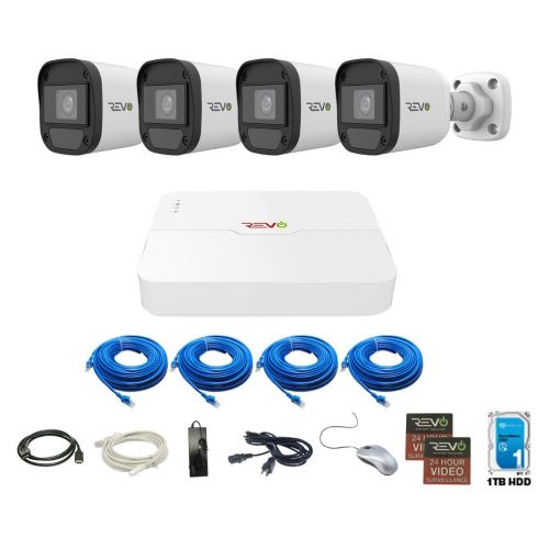 REVO ULTRA Blue Series 4 CH IP Video Surveillance System, 4 CH 4K NVR, 1TB HDD, 4x 4 Megapixel Indoor/Outdoor IR Bullet Cameras - Remote Access via Smart Phone, Tablet, PC & MAC